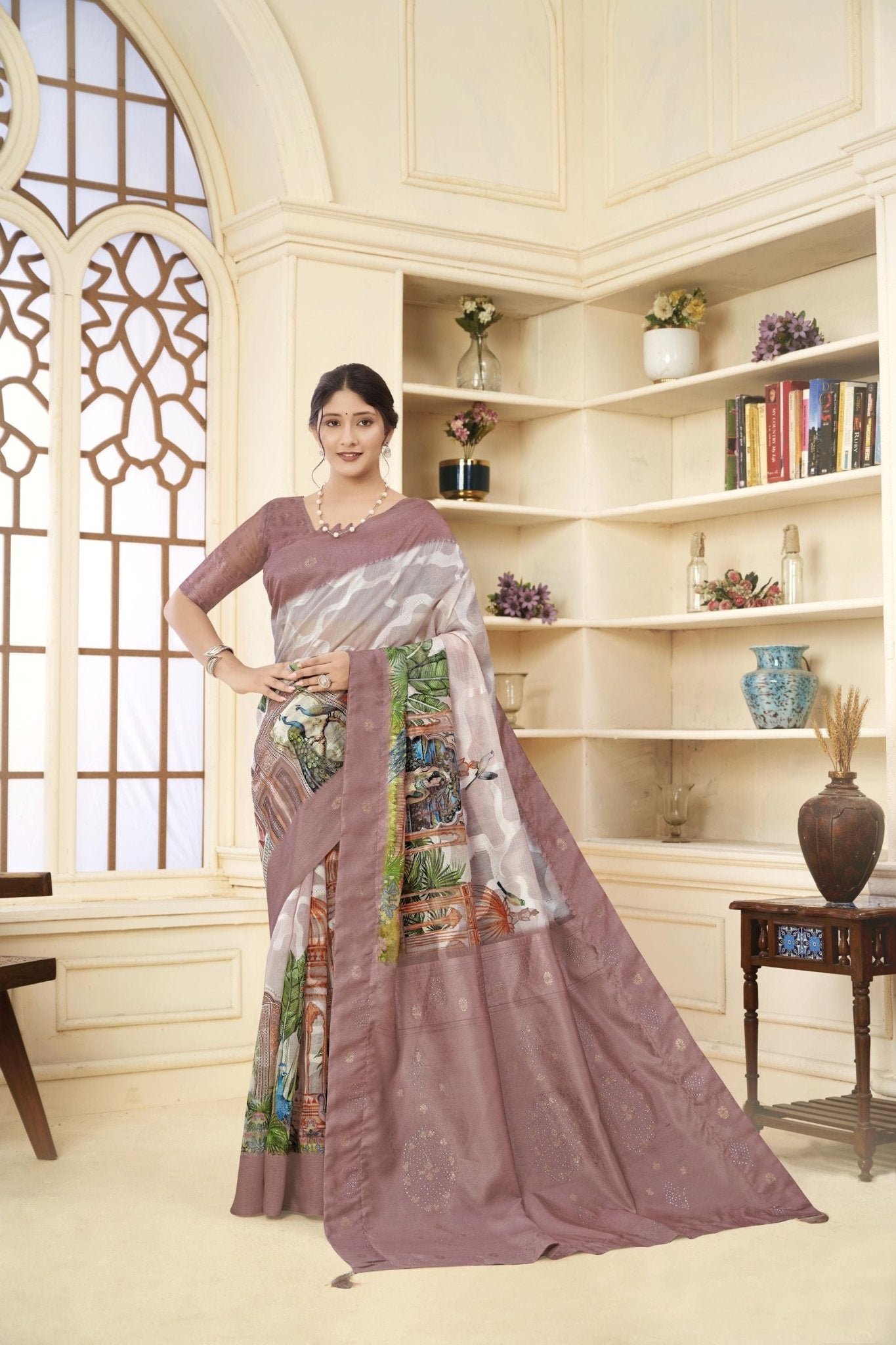 Dusty Brown and Beige Linen Silk Saree with Digital Palace Print and Zari Border - Mangaldeep NX