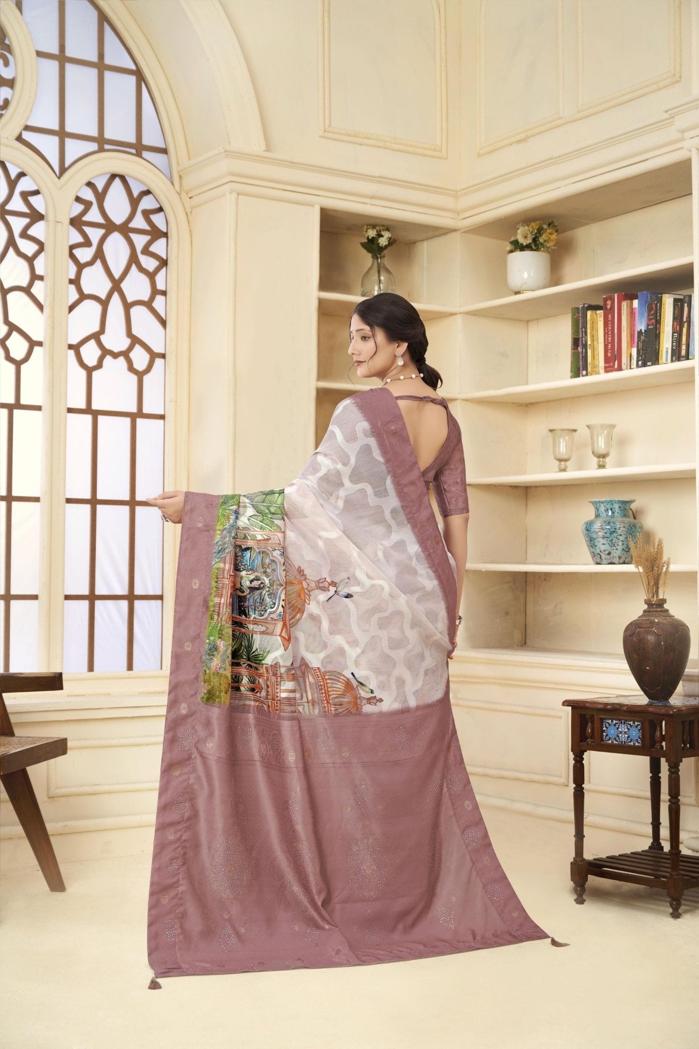 Dusty Brown and Beige Linen Silk Saree with Digital Palace Print and Zari Border - Mangaldeep NX