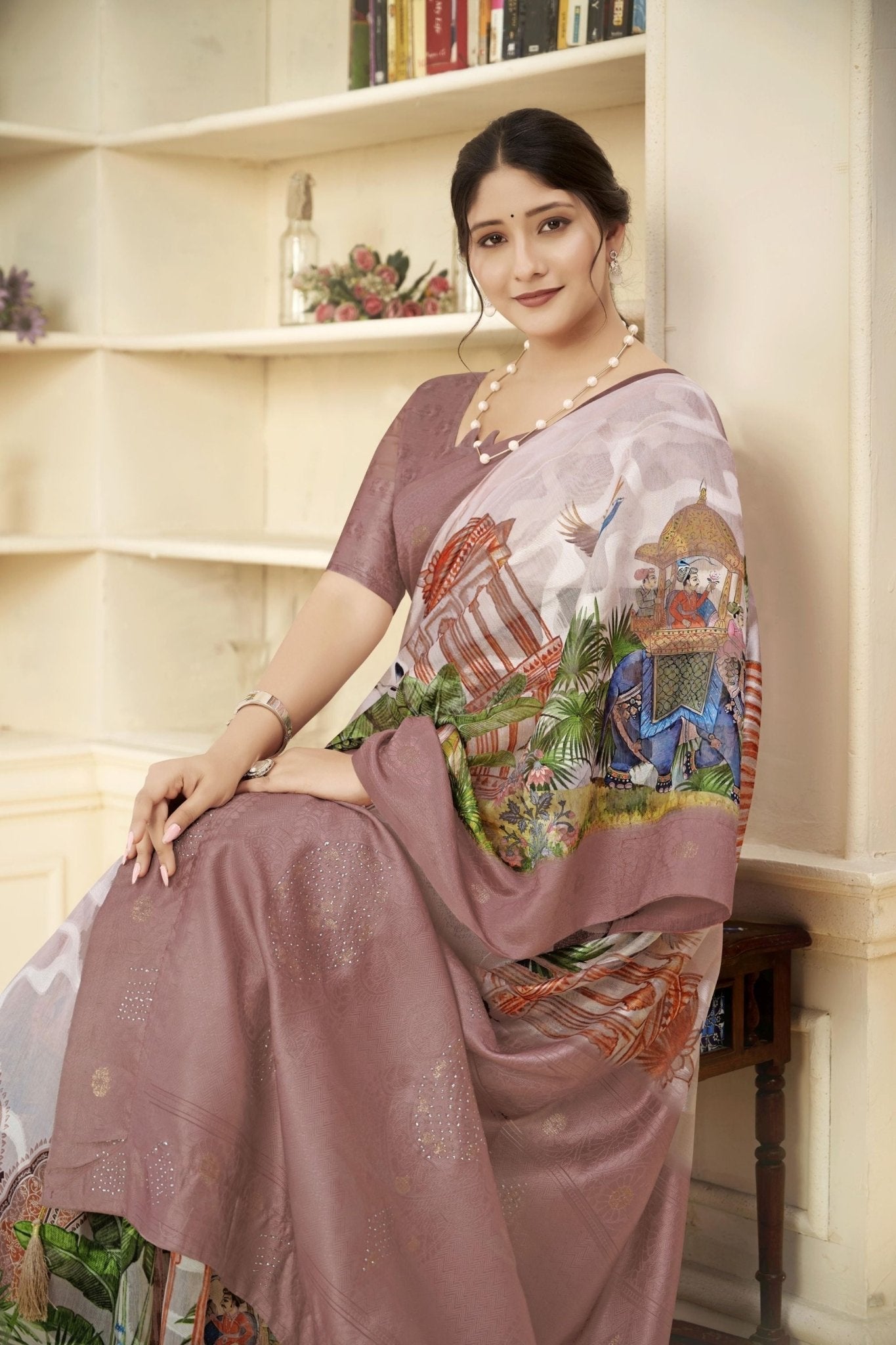 Dusty Brown and Beige Linen Silk Saree with Digital Palace Print and Zari Border - Mangaldeep NX