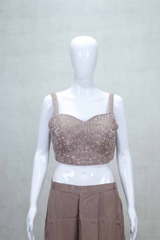 Dusty Brown Embellished Crop Top with Cape and Flared Palazzo Pants - Mangaldeep NX