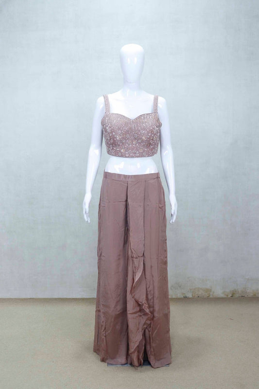 Dusty Brown Embellished Crop Top with Cape and Flared Palazzo Pants - Mangaldeep NX