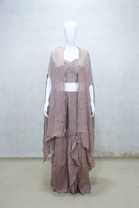 Dusty Brown Embellished Crop Top with Cape and Flared Palazzo Pants - Mangaldeep NX