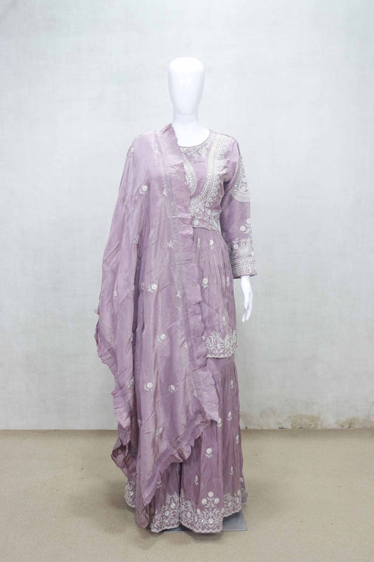 Dusty Lavender Embroidered Festive Wear Kurta and Sharara Set with Ruffled Dupatta - Mangaldeep NX