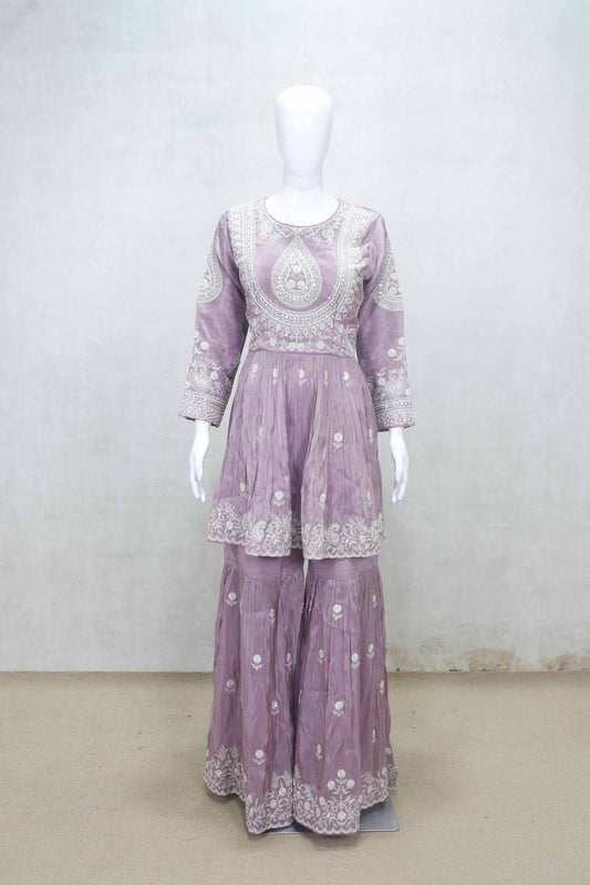 Dusty Lavender Embroidered Festive Wear Kurta and Sharara Set with Ruffled Dupatta - Mangaldeep NX