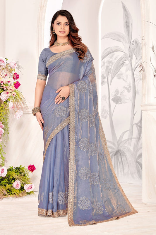 Dusty Lavender Silk Saree with Embroidered Motifs and Golden Lace Border - Mangaldeep NX