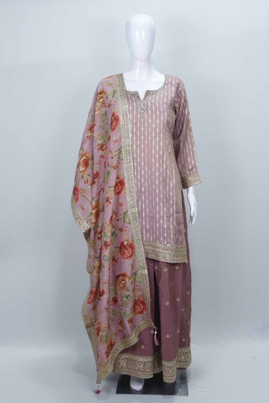 Dusty Pink Bandhani Sharara Suit with Floral Dupatta - Mangaldeep NX