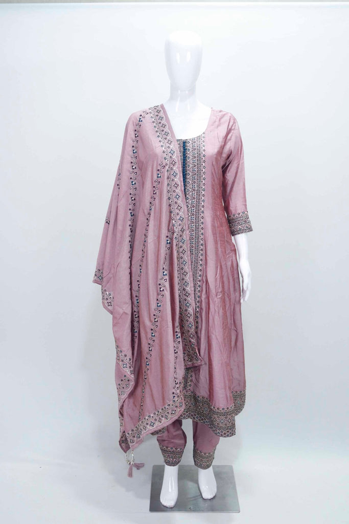 Dusty Pink Embroidered Anarkali Kurta Set with Matching Dupatta and Tapered Pants - Mangaldeep NX