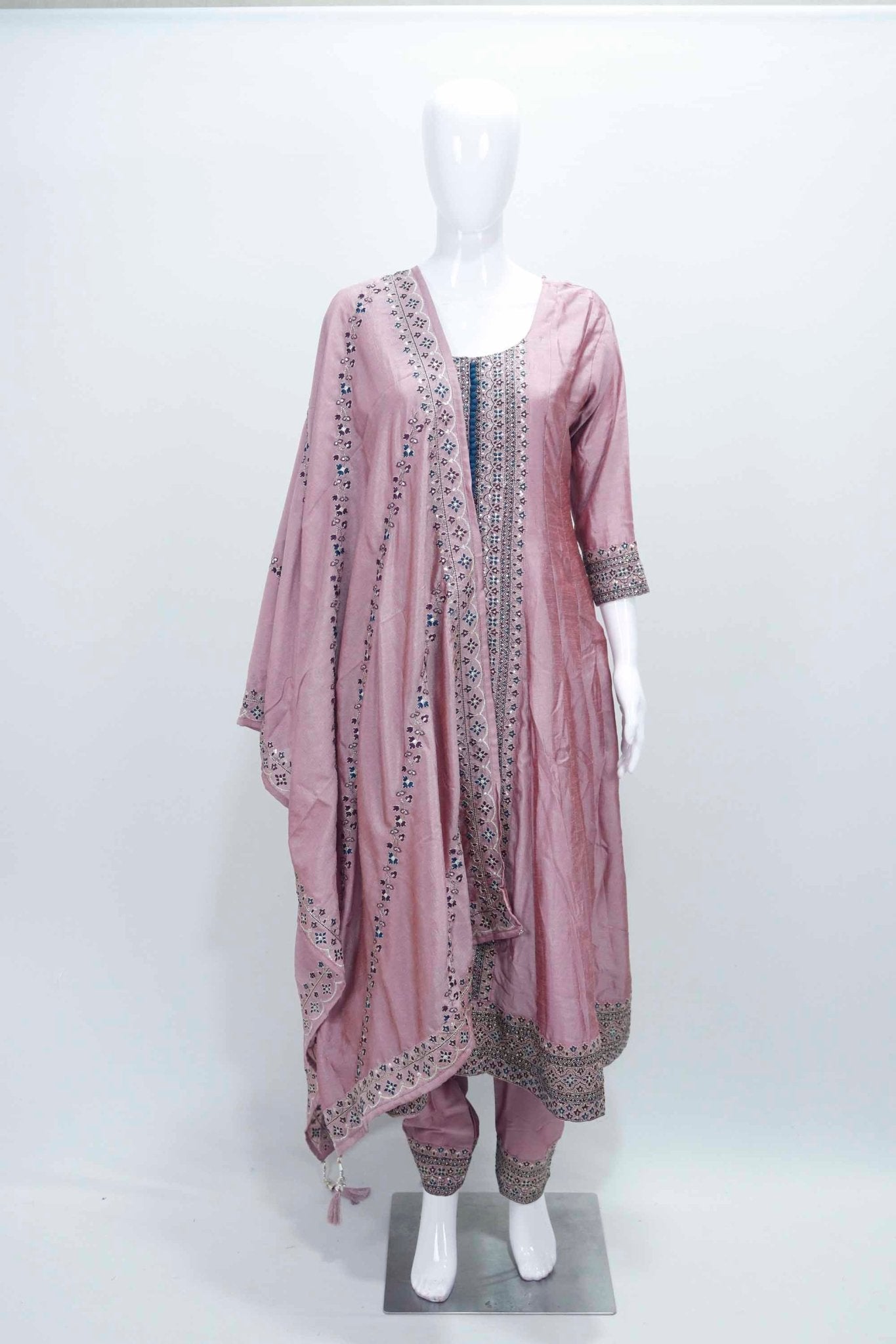 Dusty Pink Embroidered Anarkali Kurta Set with Matching Dupatta and Tapered Pants - Mangaldeep NX