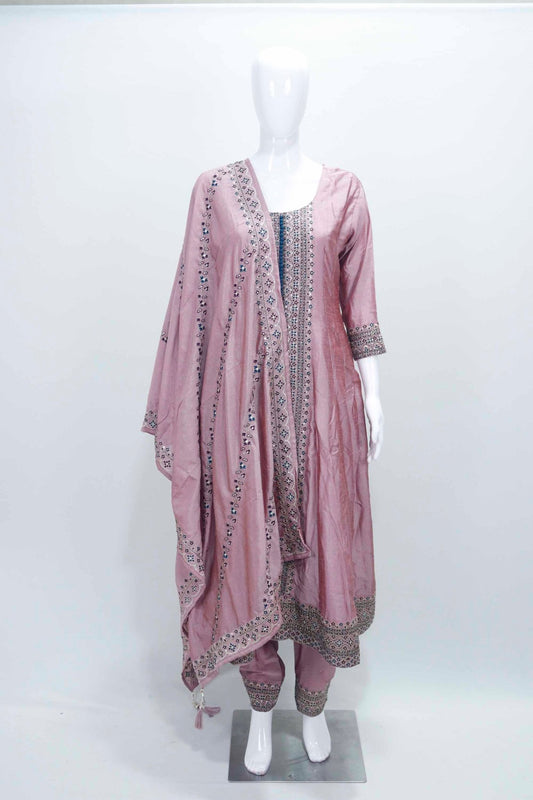 Dusty Pink Embroidered Anarkali Kurta Set with Matching Dupatta and Tapered Pants - Mangaldeep NX