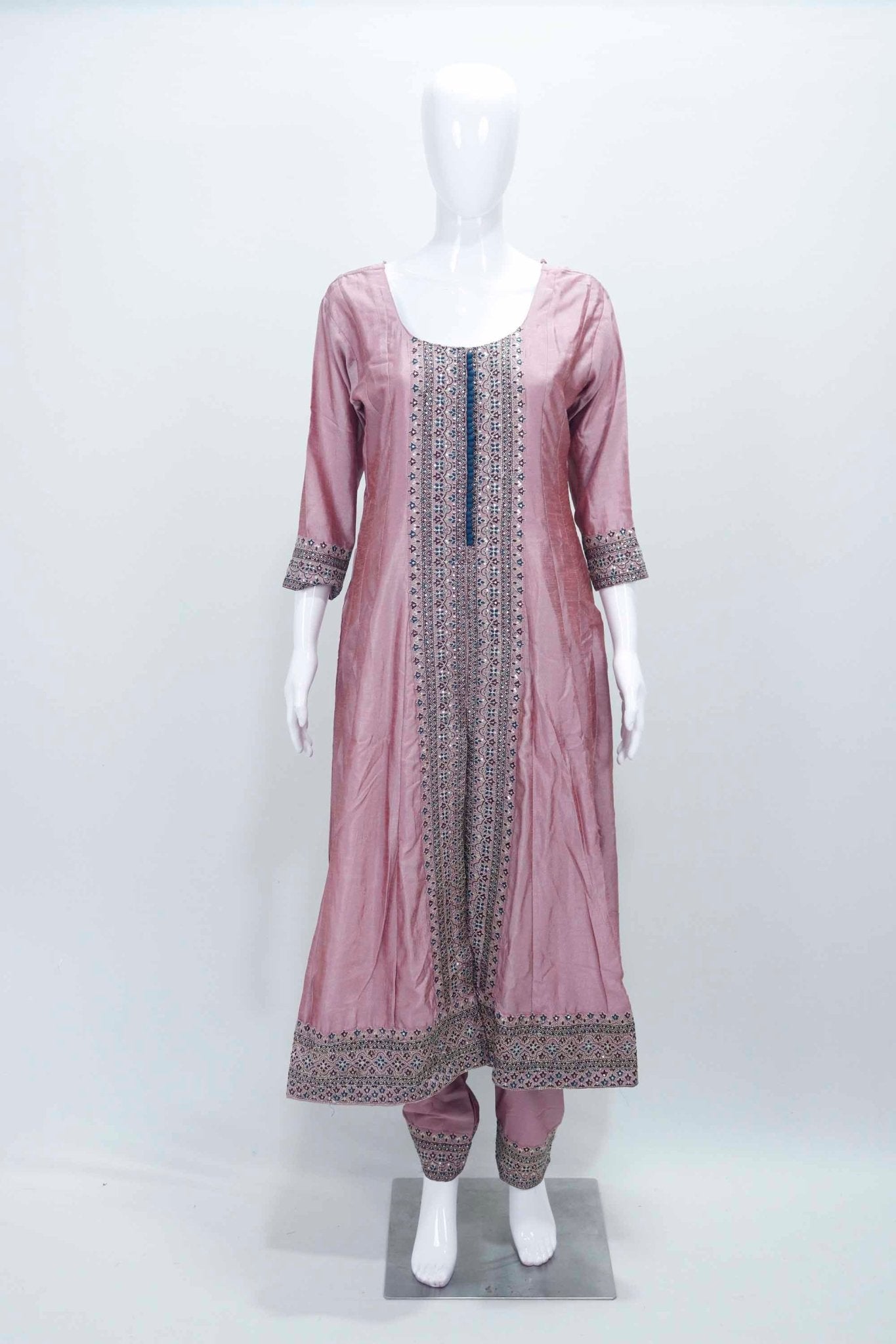 Dusty Pink Embroidered Anarkali Kurta Set with Matching Dupatta and Tapered Pants - Mangaldeep NX