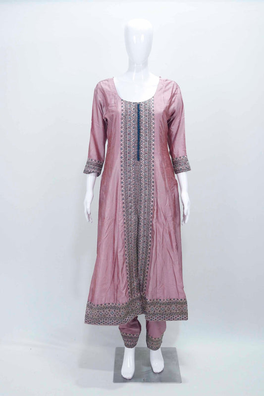 Dusty Pink Embroidered Anarkali Kurta Set with Matching Dupatta and Tapered Pants - Mangaldeep NX