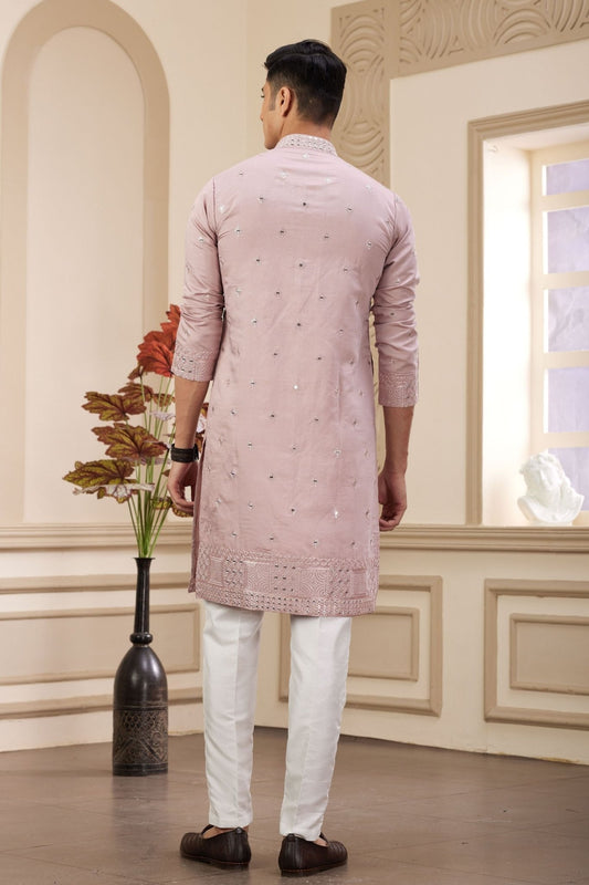Dusty Pink Embroidered Kurta with White Churidar Pants for Men - Mangaldeep NX