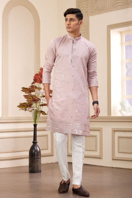 Dusty Pink Embroidered Kurta with White Churidar Pants for Men - Mangaldeep NX