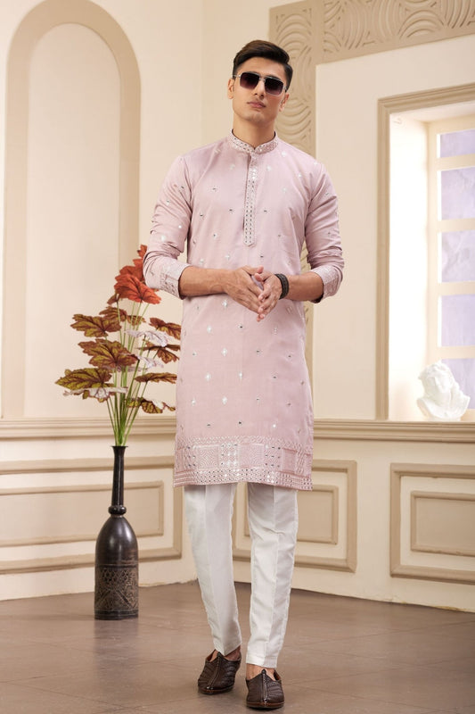 Dusty Pink Embroidered Kurta with White Churidar Pants for Men - Mangaldeep NX