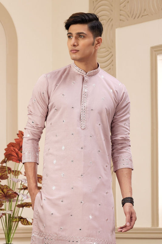 Dusty Pink Embroidered Kurta with White Churidar Pants for Men - Mangaldeep NX
