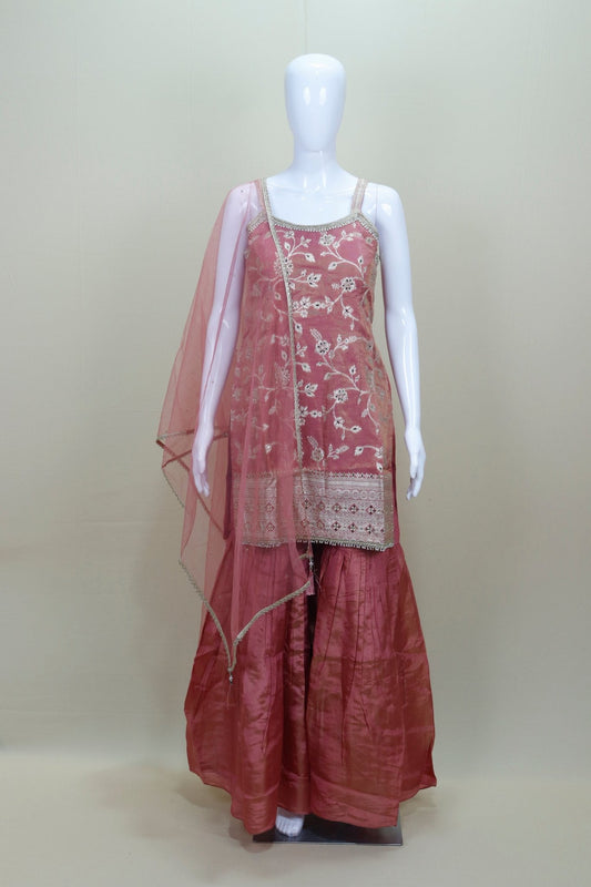 Dusty Pink Embroidered Sharara Set with Net Dupatta - Mangaldeep NX