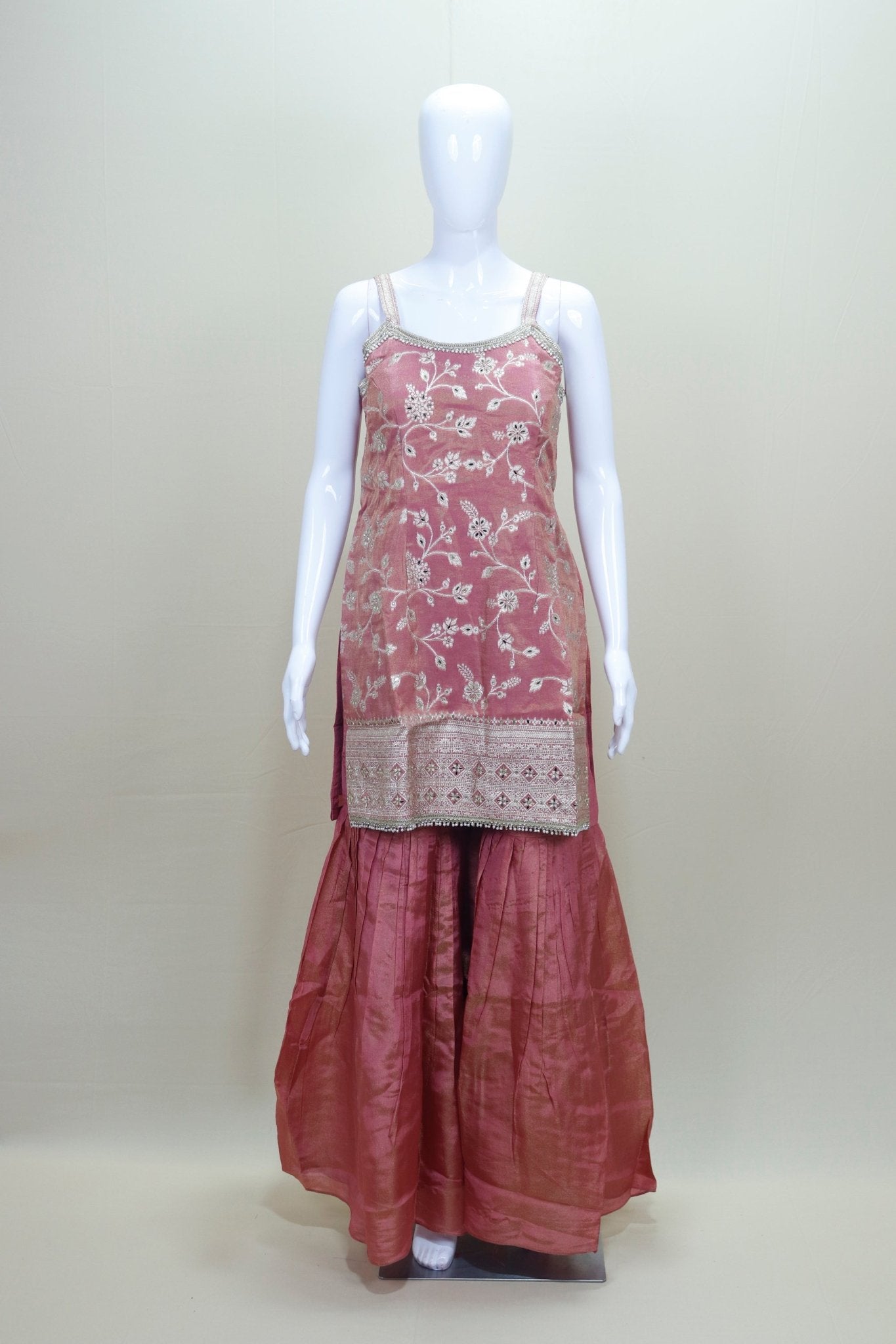 Dusty Pink Embroidered Sharara Set with Net Dupatta - Mangaldeep NX