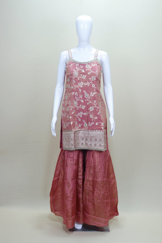 Dusty Pink Embroidered Sharara Set with Net Dupatta - Mangaldeep NX