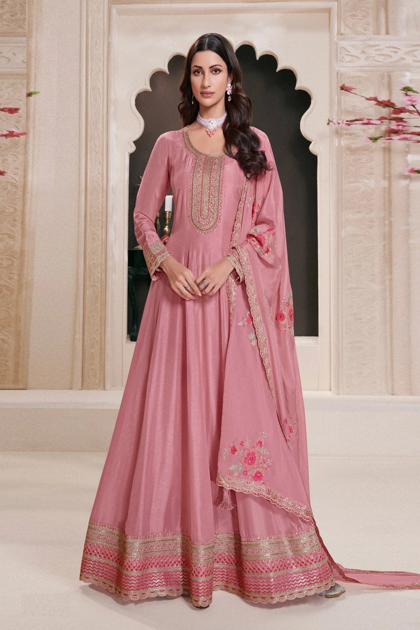 Dusty Pink Embroidered Silk Semi Stitched Anarkali Suit with Dupatta - Mangaldeep NX