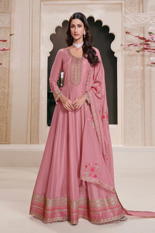 Dusty Pink Embroidered Silk Semi Stitched Anarkali Suit with Dupatta - Mangaldeep NX