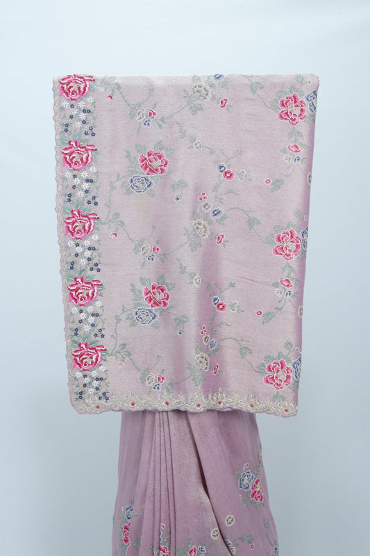 Dusty Pink Floral Embroidered Silk Saree with Delicate Threadwork and Scallop Border - Mangaldeep NX