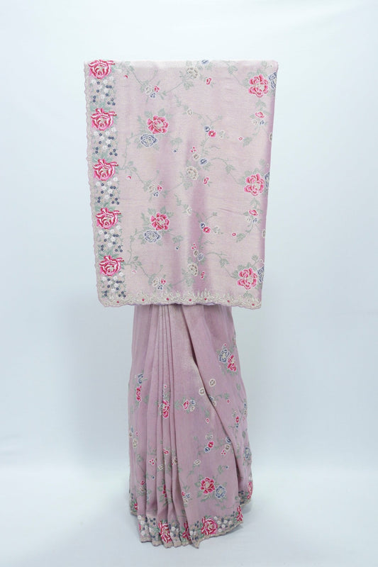Dusty Pink Floral Embroidered Silk Saree with Delicate Threadwork and Scallop Border - Mangaldeep NX