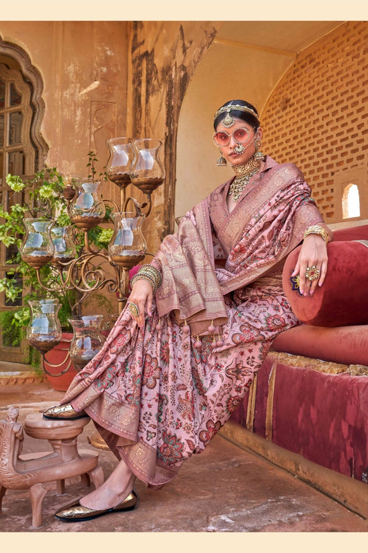 Dusty Pink Floral Printed Saree with Contrast Unstitched Blouse - Mangaldeep NX