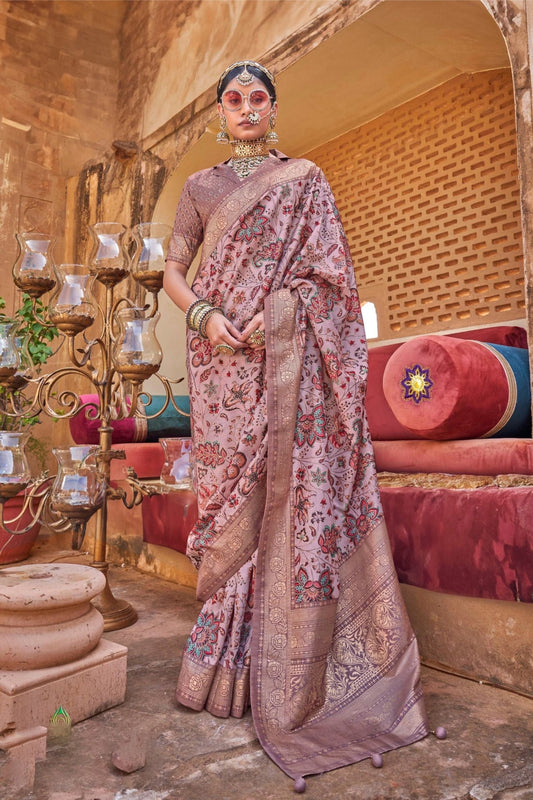 Dusty Pink Floral Printed Saree with Contrast Unstitched Blouse - Mangaldeep NX