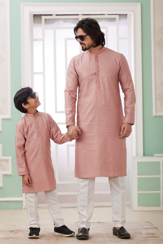 Dusty Pink Mirror Embroidered Kurta Pajama Set for Father and Son - Mangaldeep NX