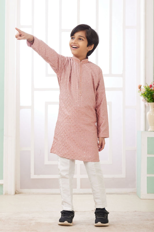 Dusty Pink Mirror Festive Wear Embroidered Kurta Pajama Set for Boys - Mangaldeep NX