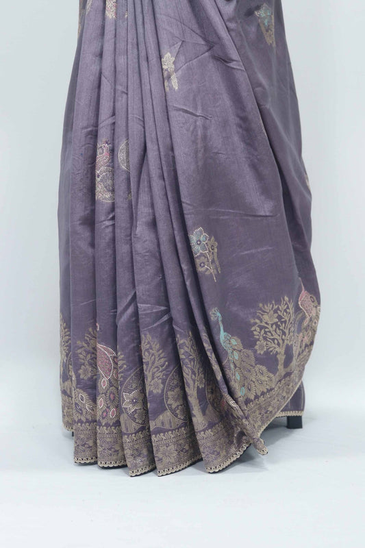 Dusty Purple Banarasi Silk Saree with Silver Zari Embroidery and Peacock Design Pallu - Mangaldeep NX