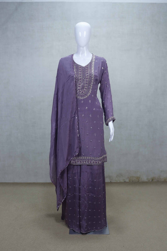 Dusty Purple Georgette Embroidered Readymade Salwar Suit - Mangaldeep NX