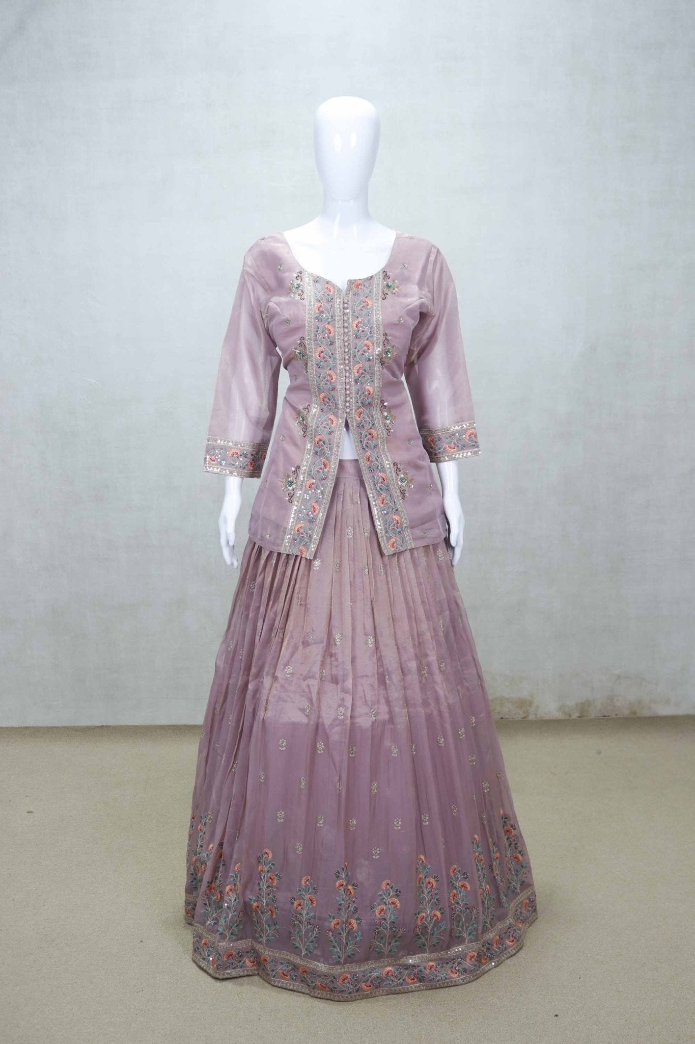 Dusty Rose Embroidered Silk Lehenga Choli with Floral Thread Work and Organza Dupatta - Mangaldeep NX