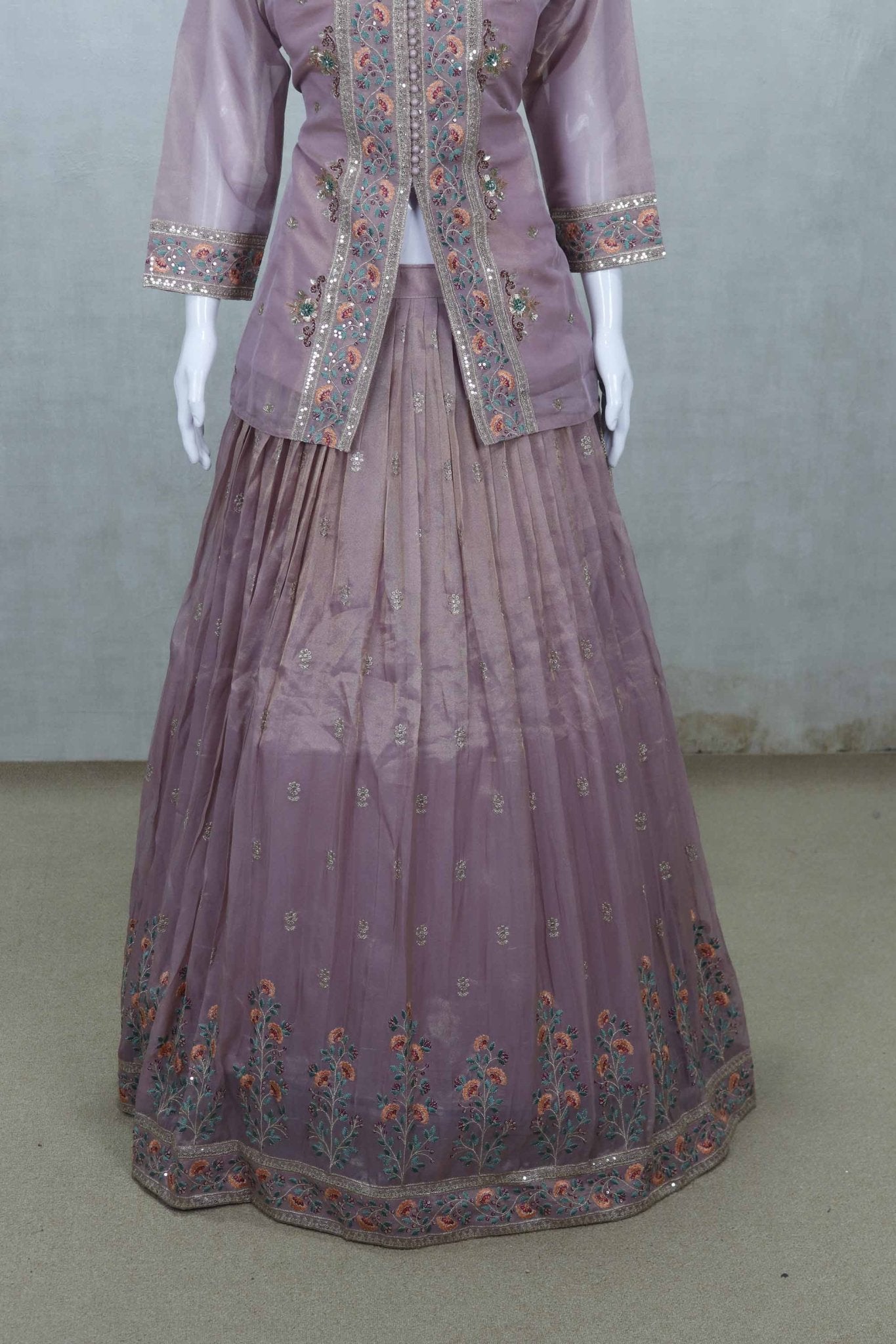 Dusty Rose Embroidered Silk Lehenga Choli with Floral Thread Work and Organza Dupatta - Mangaldeep NX