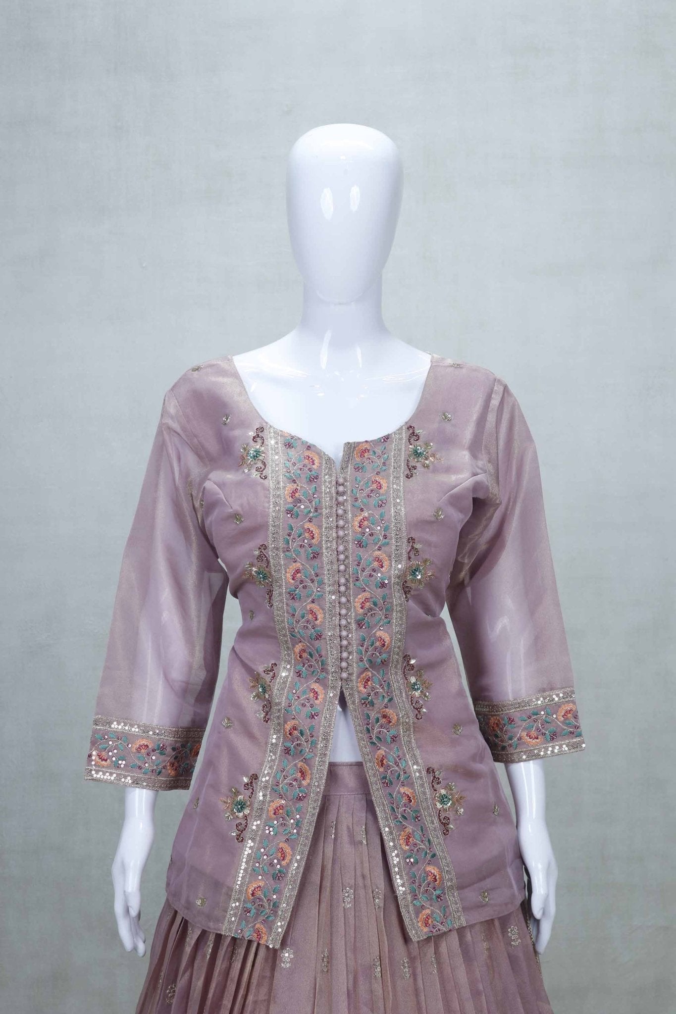 Dusty Rose Embroidered Silk Lehenga Choli with Floral Thread Work and Organza Dupatta - Mangaldeep NX