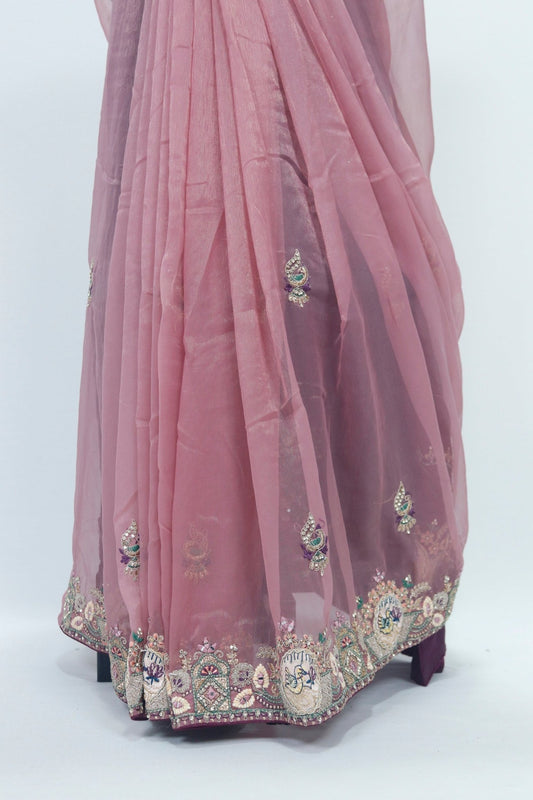 Dusty Rose Net Saree with Heavy Embroidered Border and Sequin Detailing - Mangaldeep NX