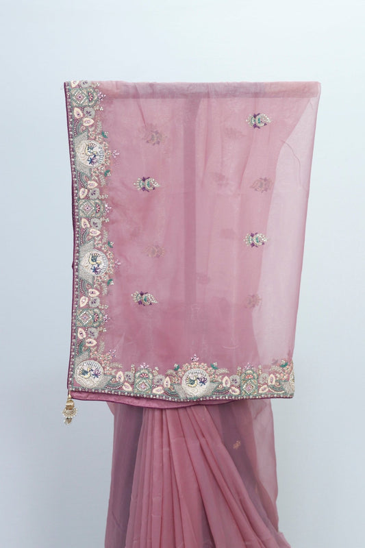 Dusty Rose Net Saree with Heavy Embroidered Border and Sequin Detailing - Mangaldeep NX
