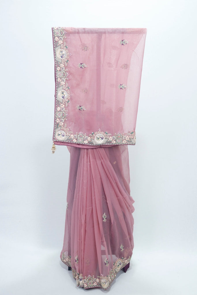 Dusty Rose Net Saree with Heavy Embroidered Border and Sequin Detailing - Mangaldeep NX