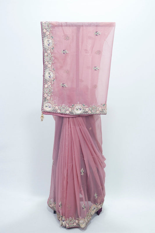 Dusty Rose Net Saree with Heavy Embroidered Border and Sequin Detailing - Mangaldeep NX
