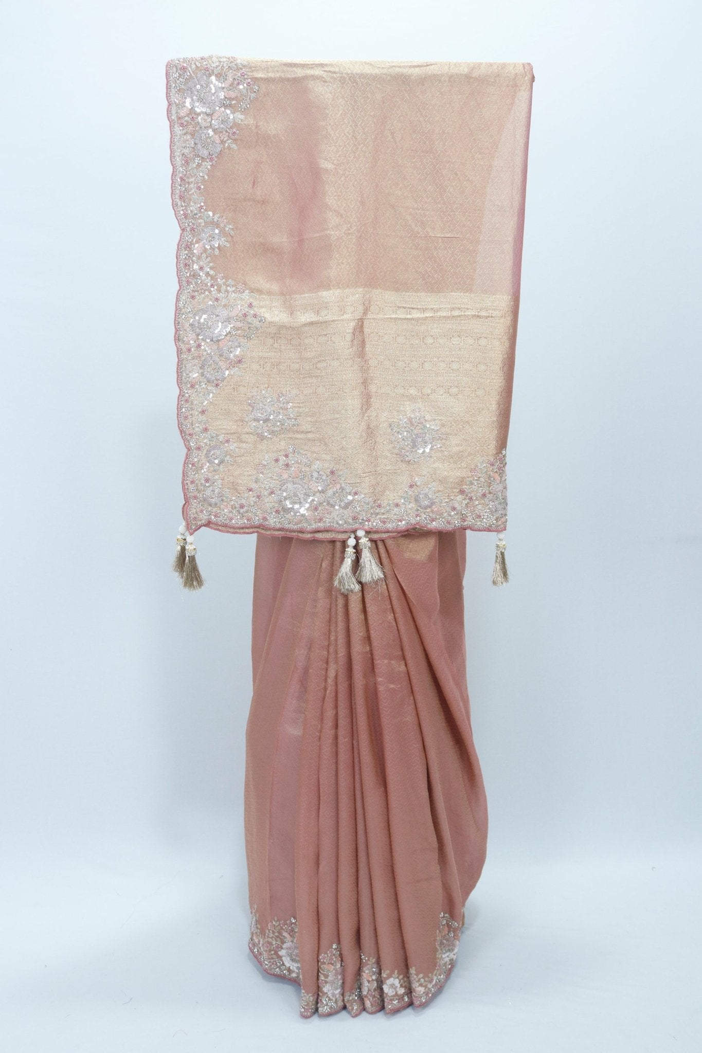 Dusty Rose Pink Banarasi Silk Saree with Heavy Embroidered Border and Tassels – Wedding & Festive Wear - Mangaldeep NX