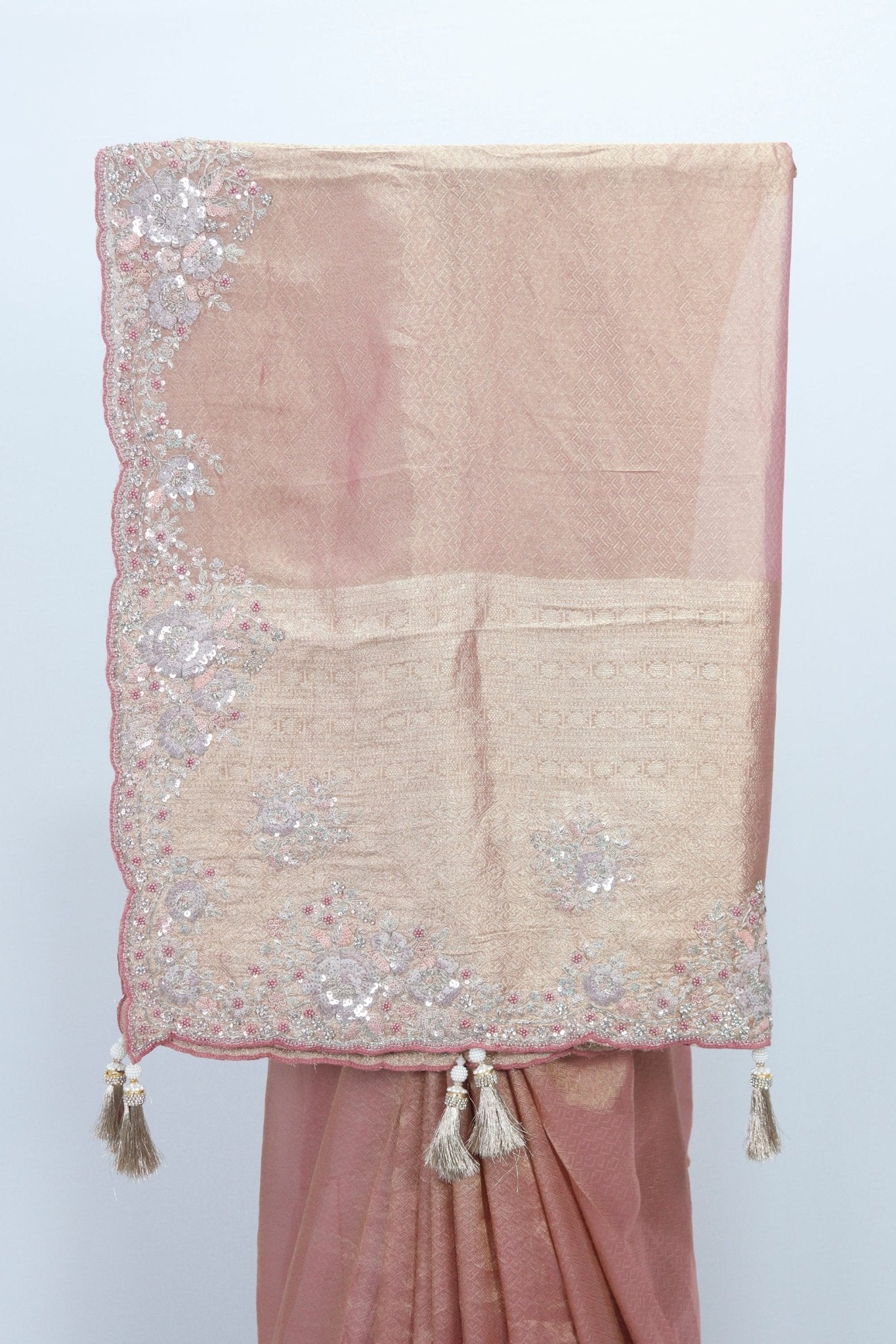 Dusty Rose Pink Banarasi Silk Saree with Heavy Embroidered Border and Tassels – Wedding & Festive Wear - Mangaldeep NX