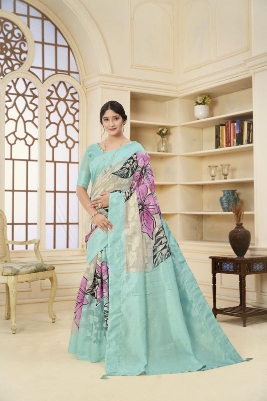 Elegant Aqua Blue Floral Printed Linen Silk Saree with Contrasting Pallu and Blouse Piece - Mangaldeep NX