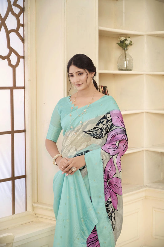Elegant Aqua Blue Floral Printed Linen Silk Saree with Contrasting Pallu and Blouse Piece - Mangaldeep NX