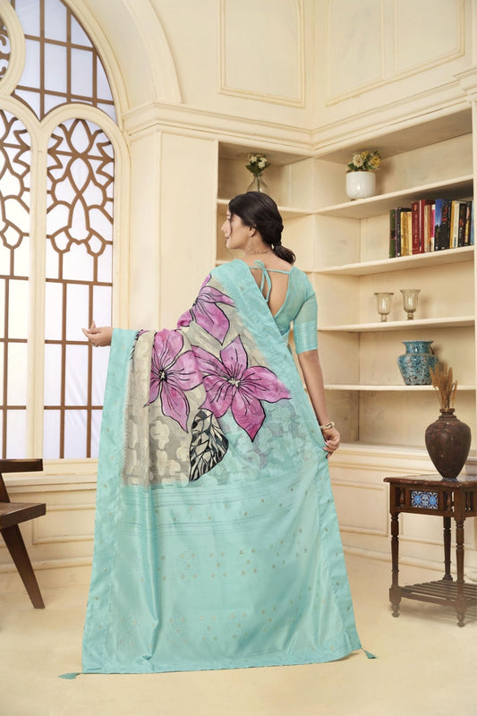 Elegant Aqua Blue Floral Printed Linen Silk Saree with Contrasting Pallu and Blouse Piece - Mangaldeep NX