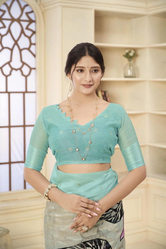 Elegant Aqua Blue Floral Printed Linen Silk Saree with Contrasting Pallu and Blouse Piece - Mangaldeep NX