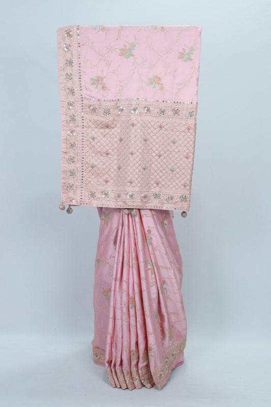 Elegant Baby Pink Banarasi Silk Saree with Sequin & Mirror Work Border Wedding Party Wear - Mangaldeep NX