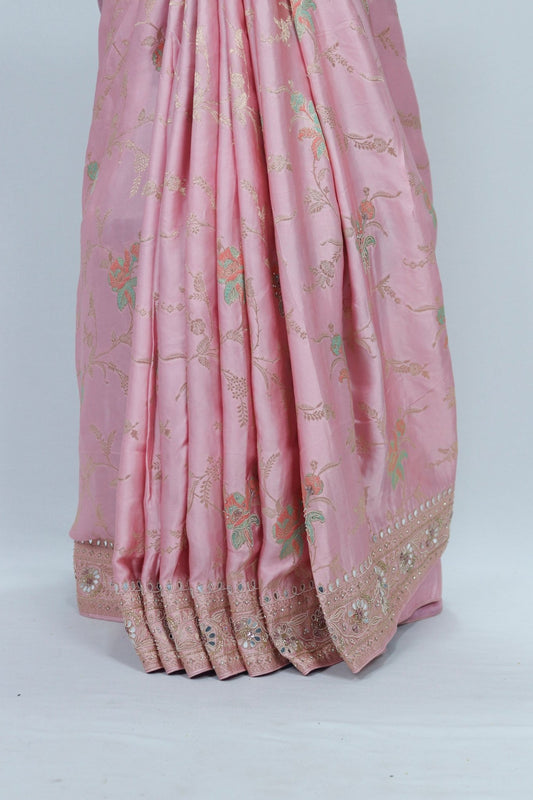 Elegant Baby Pink Banarasi Silk Saree with Sequin & Mirror Work Border Wedding Party Wear - Mangaldeep NX