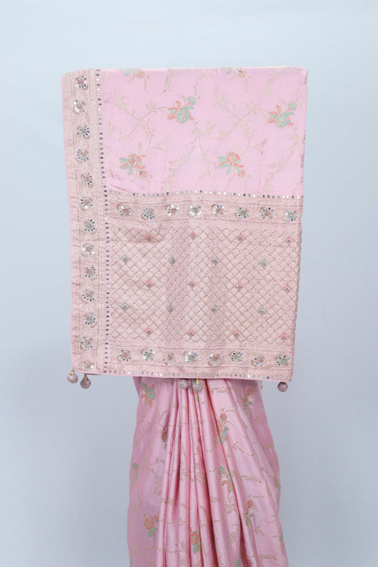 Elegant Baby Pink Banarasi Silk Saree with Sequin & Mirror Work Border Wedding Party Wear - Mangaldeep NX