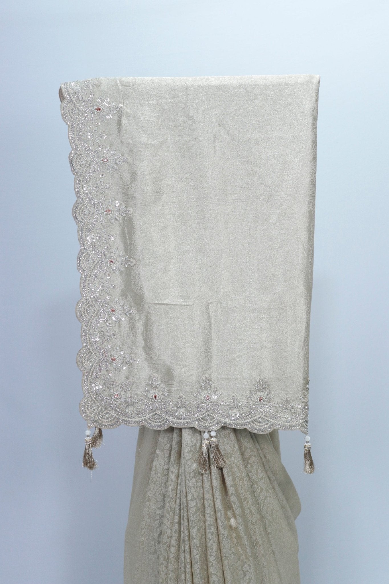Elegant Beige Designer Embroidered Saree with Sequin & Pearl Work – Bridal & Party Wear - Mangaldeep NX