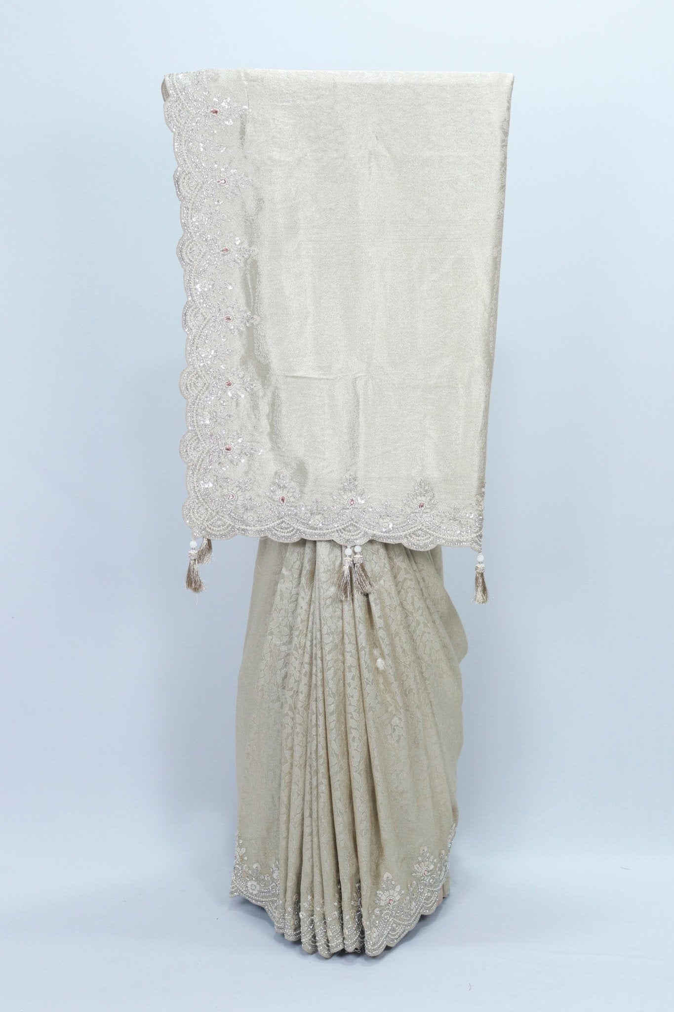 Elegant Beige Designer Embroidered Saree with Sequin & Pearl Work – Bridal & Party Wear - Mangaldeep NX